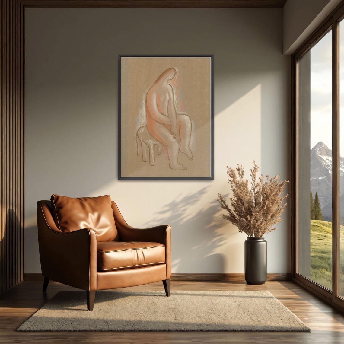 Seated Nude Figure on Stool Soft Chalk Life Drawing Study Poster - Image 3