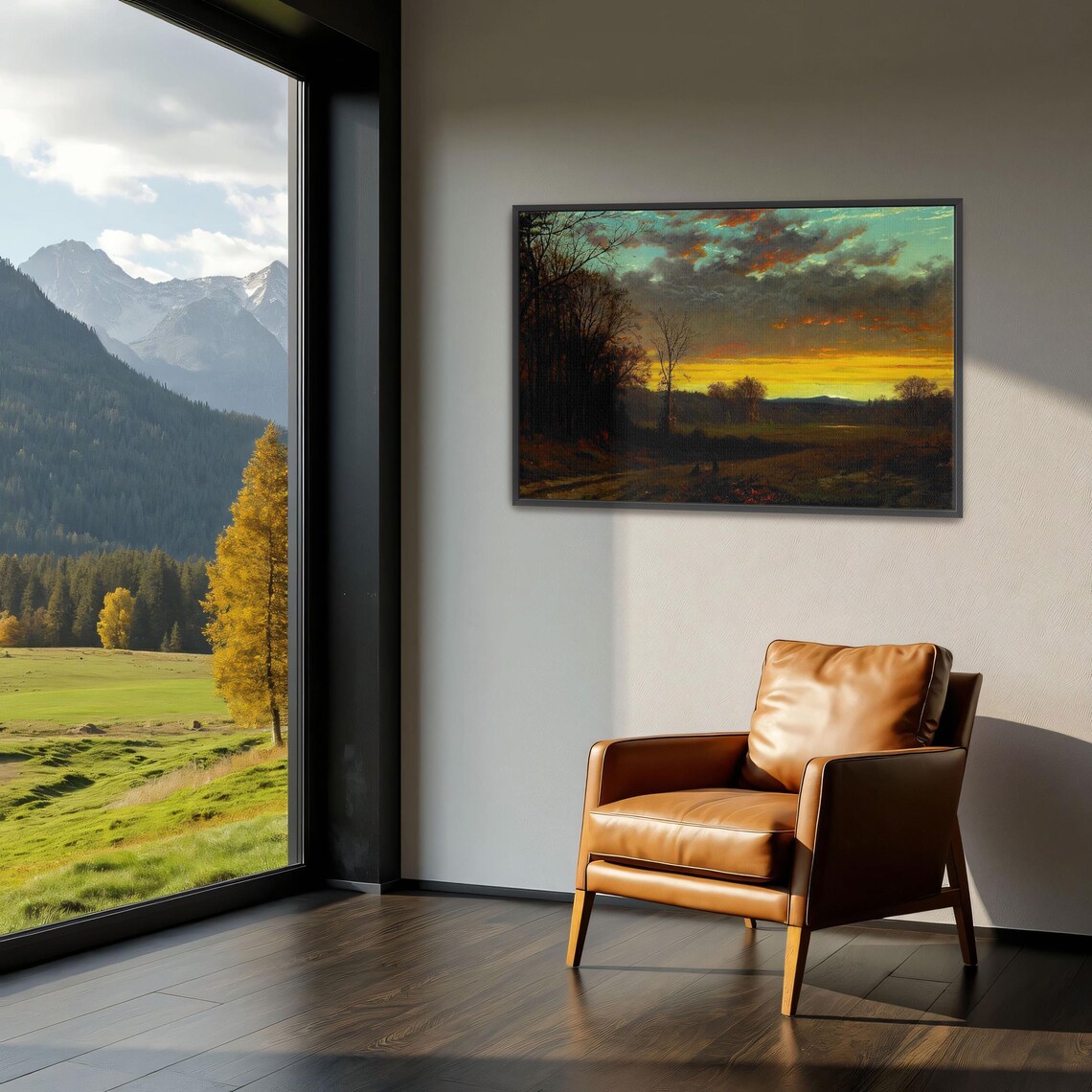 Large Framed Print Of Forest Clearing Sunset Landscape Landscape Fine Art Print Brown And Yellow Living Room Artwork - Image 4