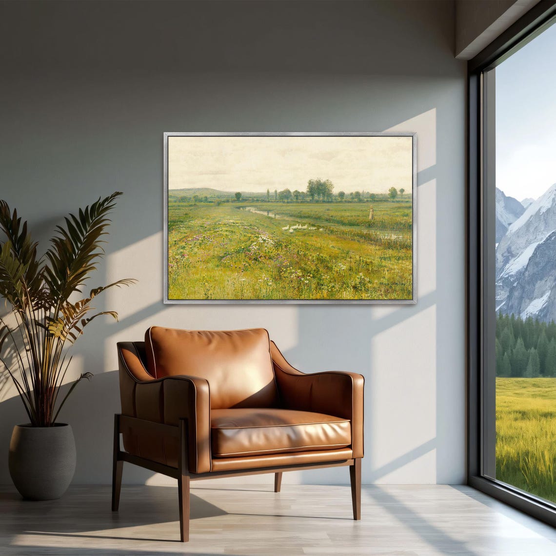 Tranquil Meadow With Geese Wildflowers And A Winding Stream Poster - Image 2