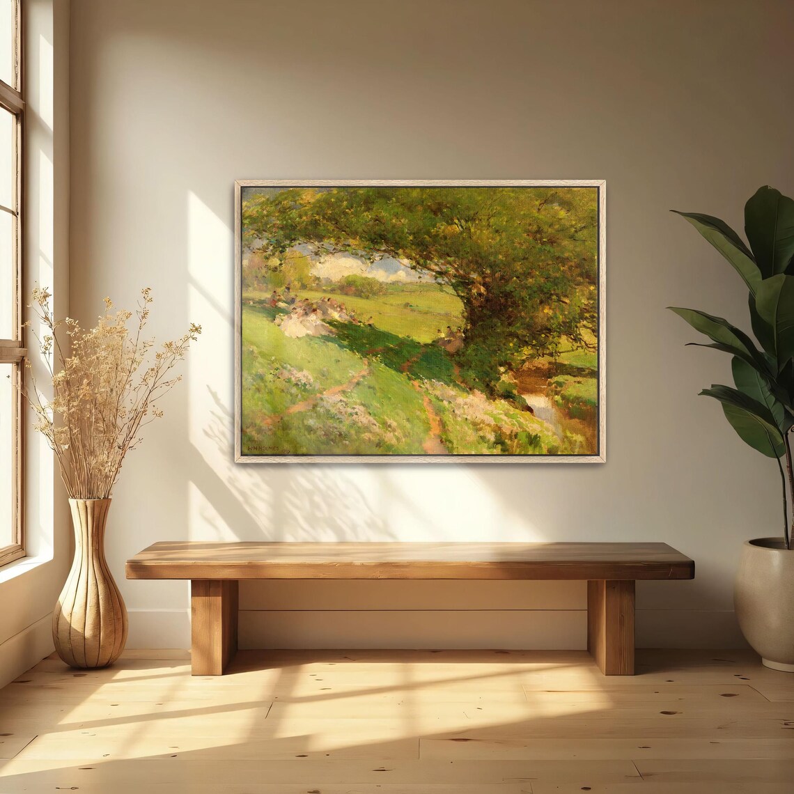 Framed Print Of A Group Of People Rest Under A Tree In A Green Field Landscape Fine Art Print Green And Brown Entryway Artwork - Image 4