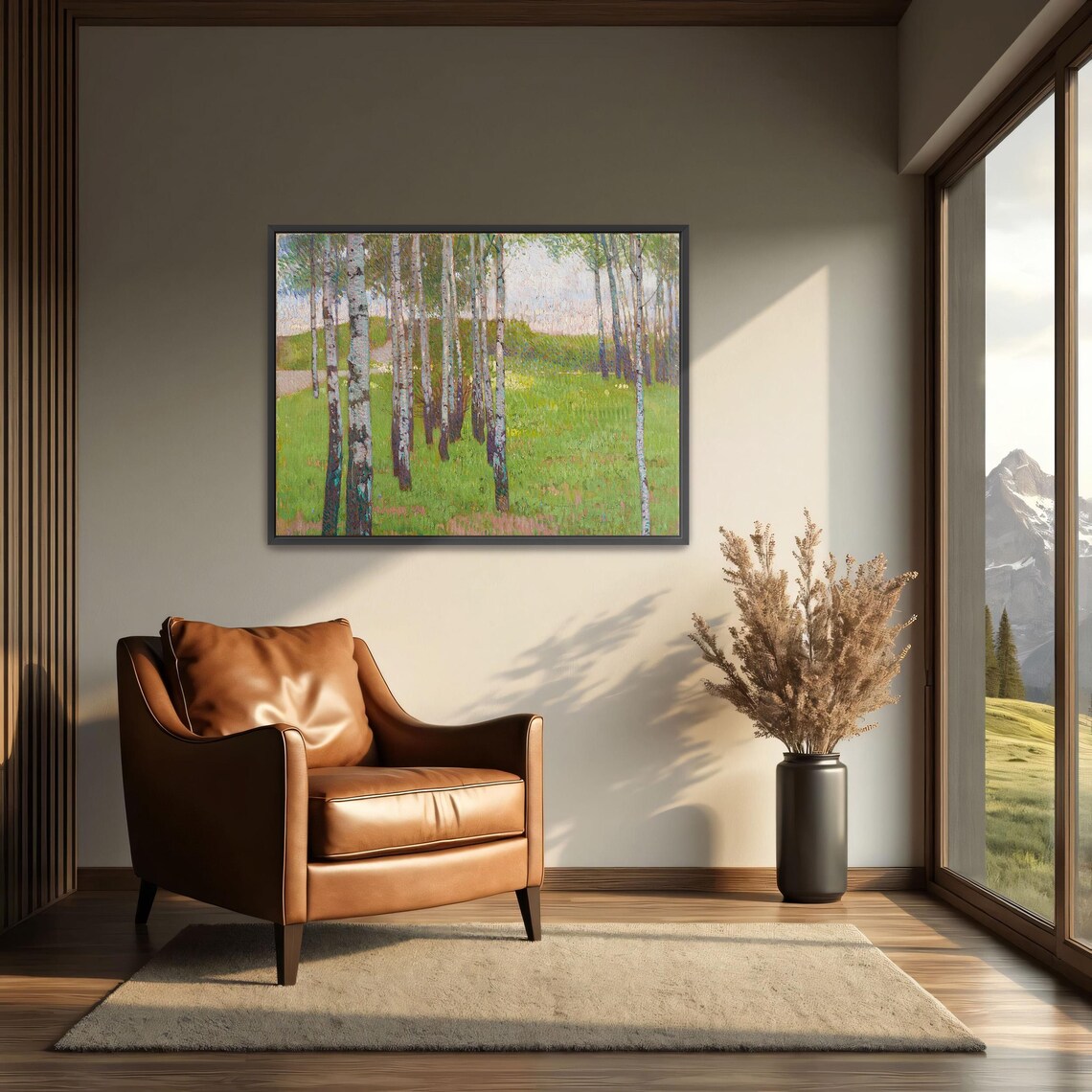 Framed Print Of Birch Trees In A Grassy Field Landscape Print Green And Beige Bedroom Art Print Art Nouveau Oil Painting - Image 4