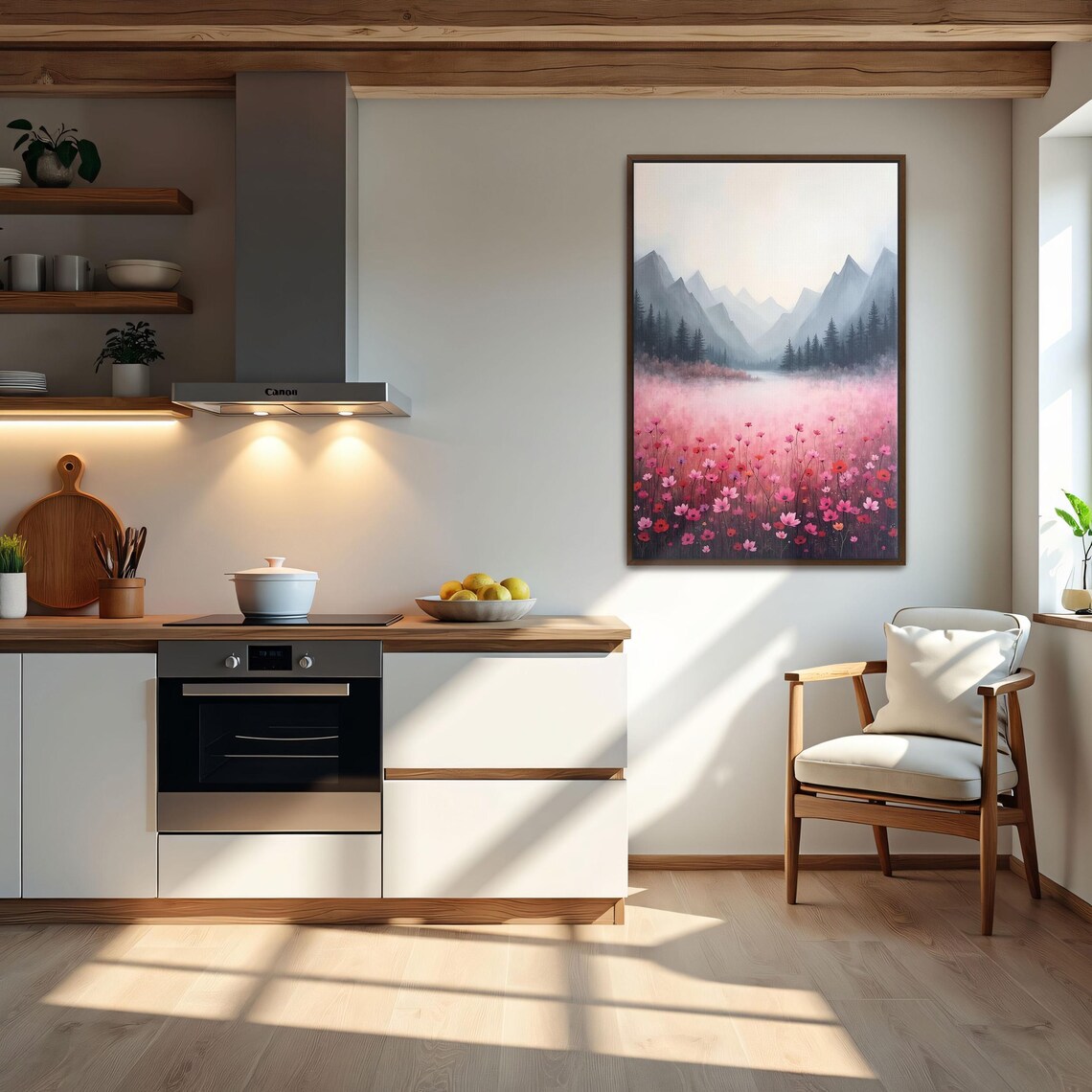 Pink Wildflowers Meadow Beneath Misty Mountains Landscape Poster - Image 5