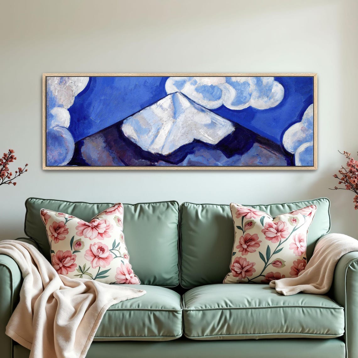 Abstract Mountain Landscape With Clouds Panoramic Wall Art Horizontal Framed Art Above Bed Wall Art Bedroom And Living Room Art Wide - Image 2