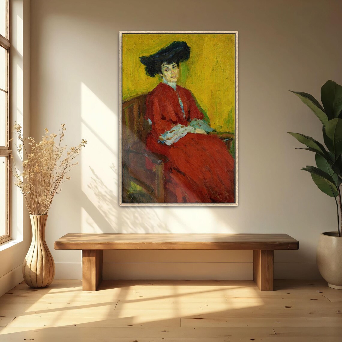 Woman In A Red Dress And Black Hat Seated On Bench Portrait Poster - Image 4