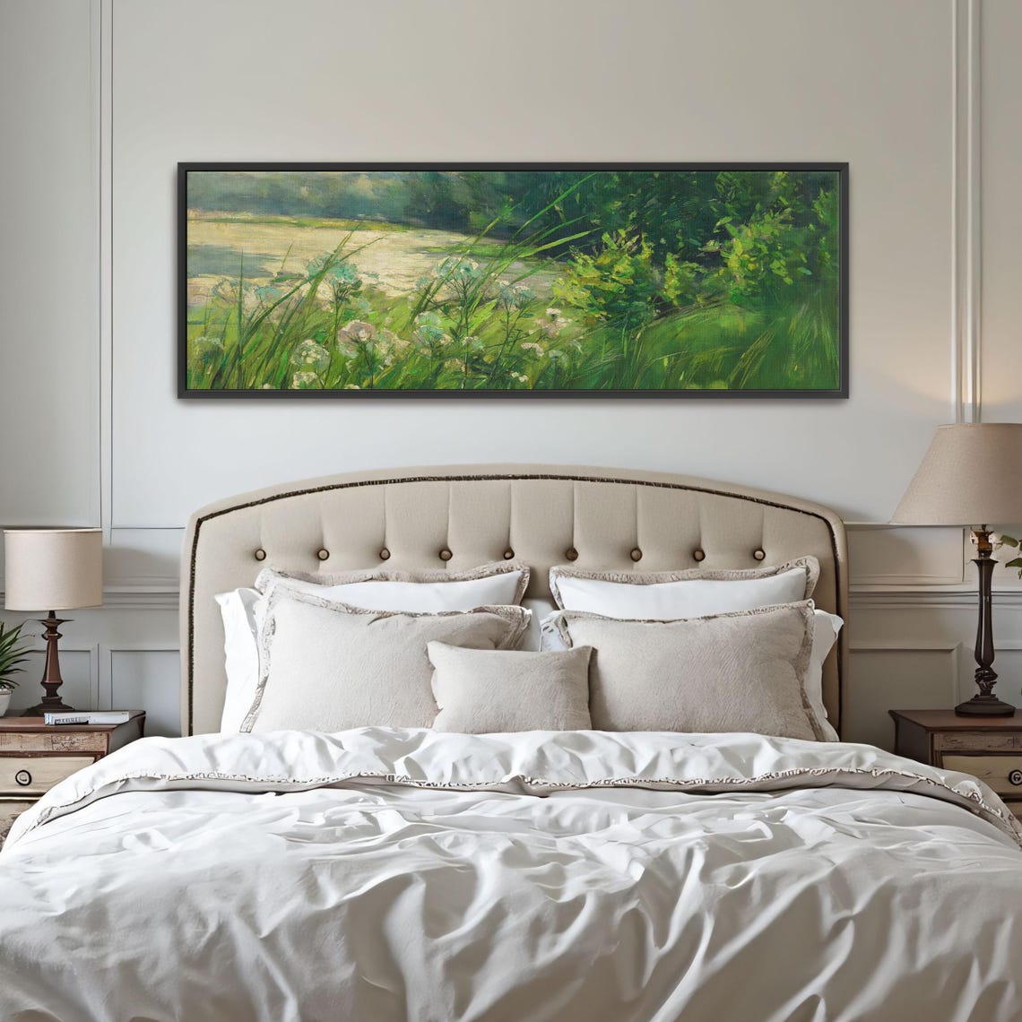 Sunlit Meadow With White Wildflowers at the Edge of a Calm Lake Poster - Image 4