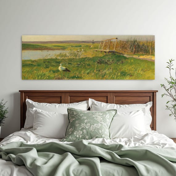 Stork In Grassy Meadow With Wooden Bridge Panoramic Wall Art Horizontal Framed Art Above Bed Wall Art Bedroom And Living Room Art Wide