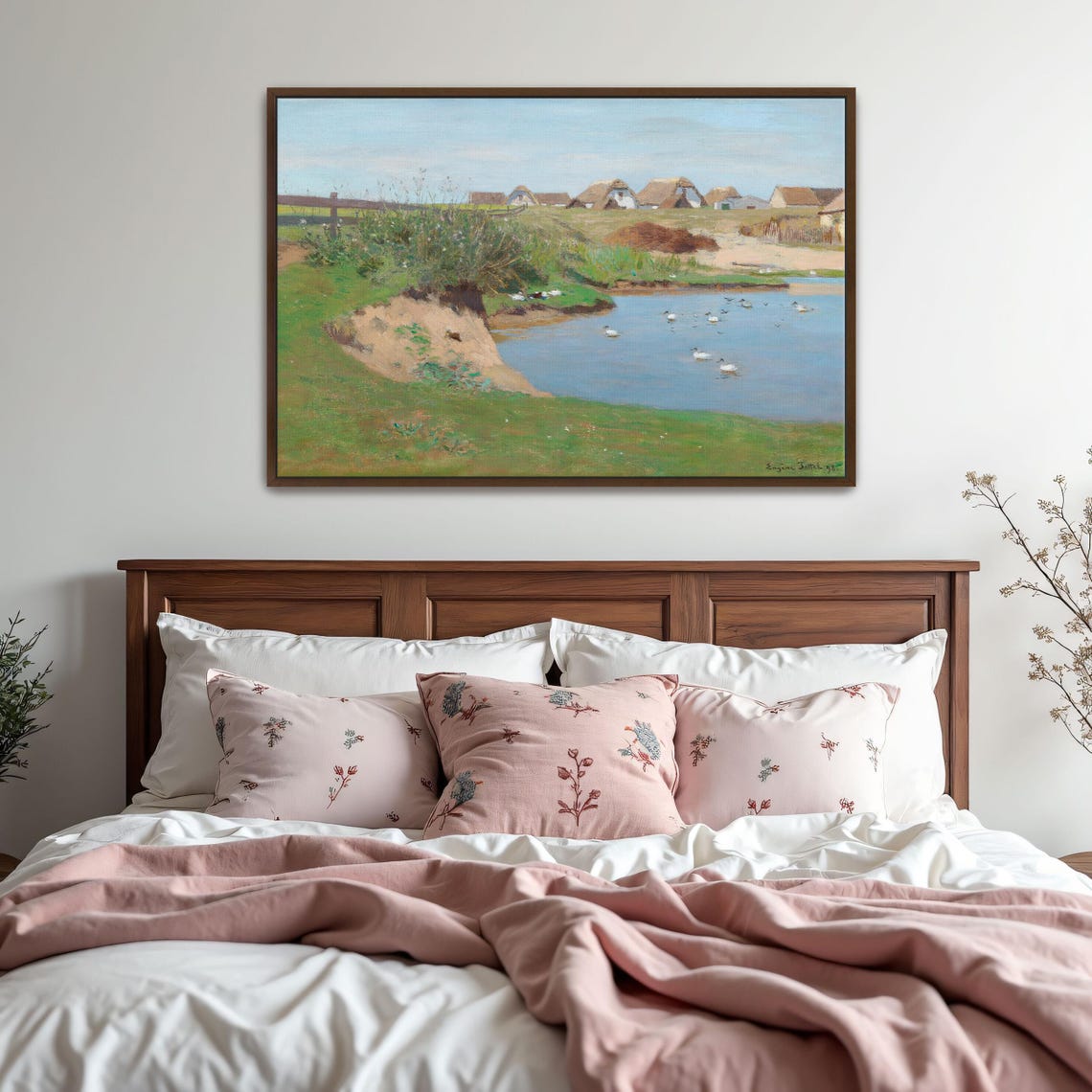 Framed Print Of Farmhouses By A Pond With Ducks Landscape Fine Art Print Green And Blue Entryway Art Print Country Oil Painting - Image 5