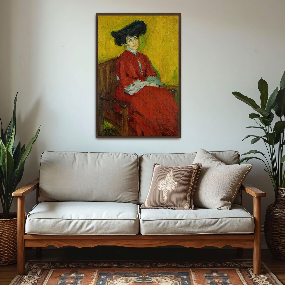 Woman In A Red Dress And Black Hat Seated On Bench Portrait Poster - Image 5