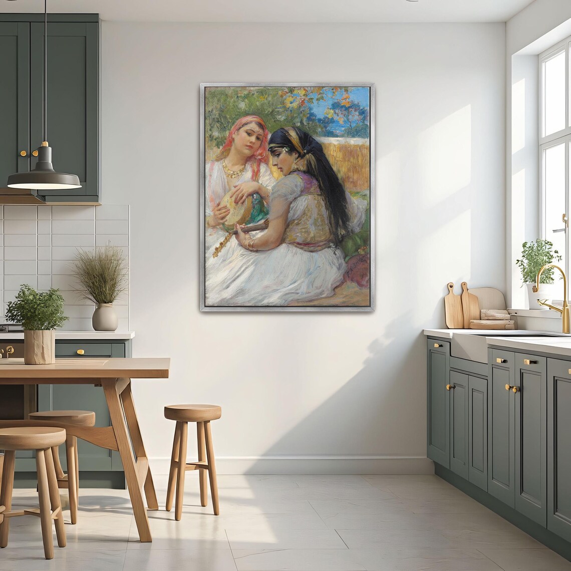 Framed Print Of Two Women Playing Music In A Garden Portrait Wall Art White And Green Entryway Decor Victorian Oil Painting - Image 2