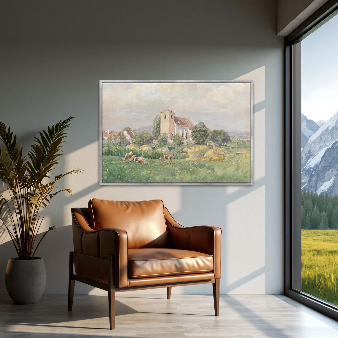 Village Church with Grazing Cows Pastoral Watercolor Scene Poster