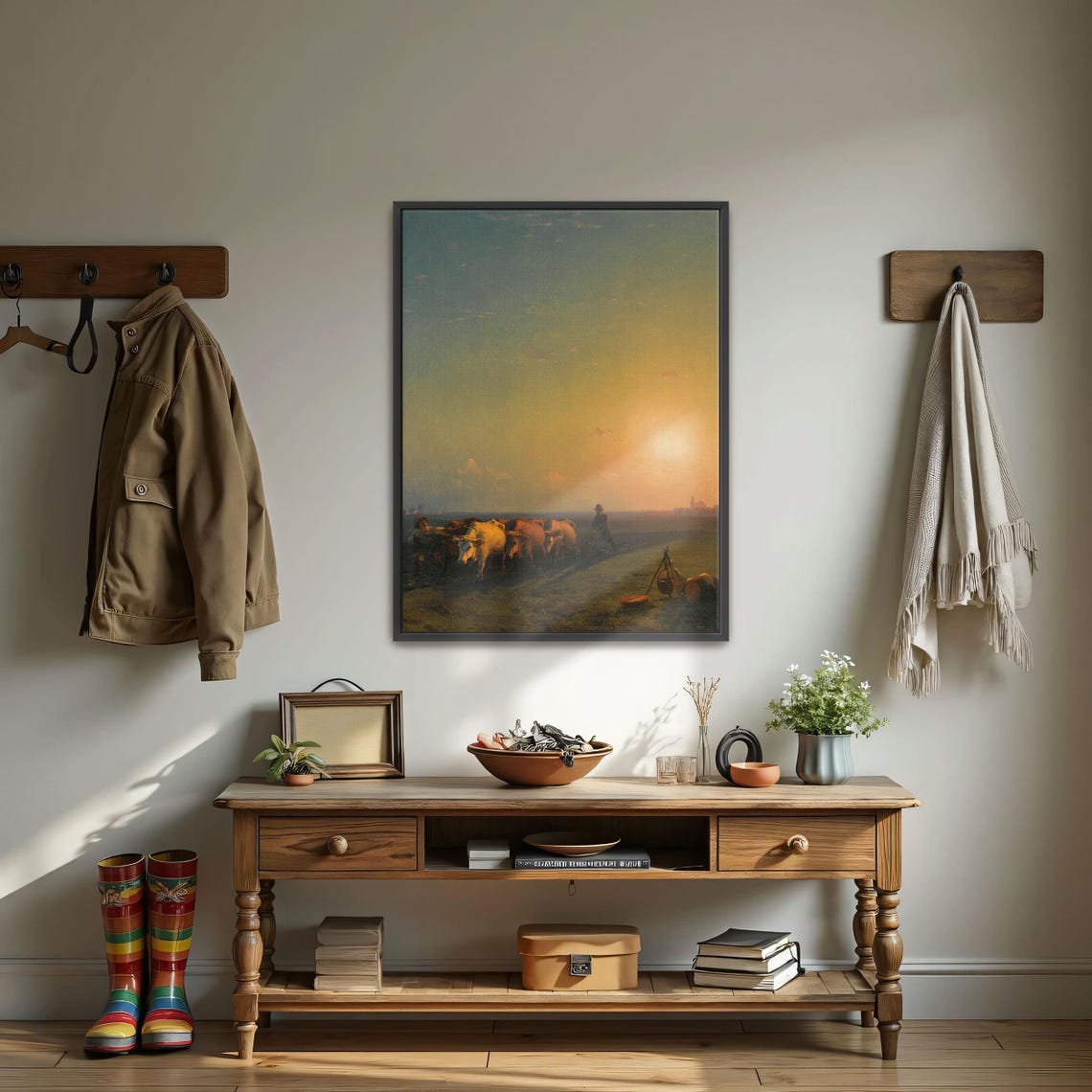 Golden Sunset Landscape with Cows and Farmers in a Field Poster - Image 4
