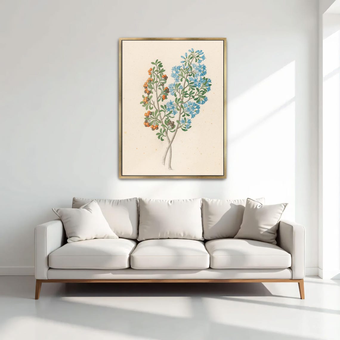 Blue Flowering Shrub With Orange Berries Antique Botanical Art Poster