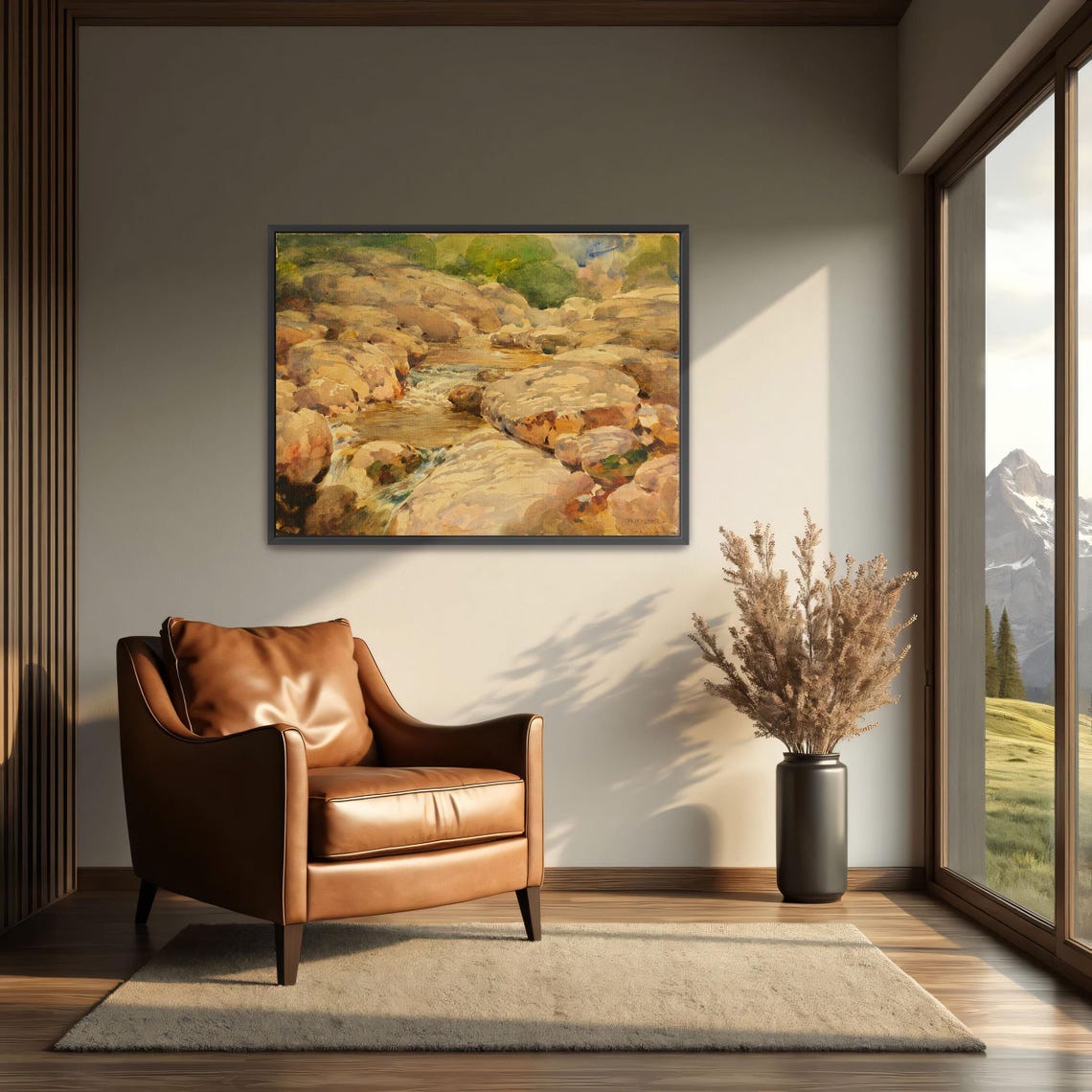 Framed Print Of Watercolor Painting Of A Stream In A Rocky Landscape Landscape Fine Art Print White And Yellow Boho Wall Art - Image 3