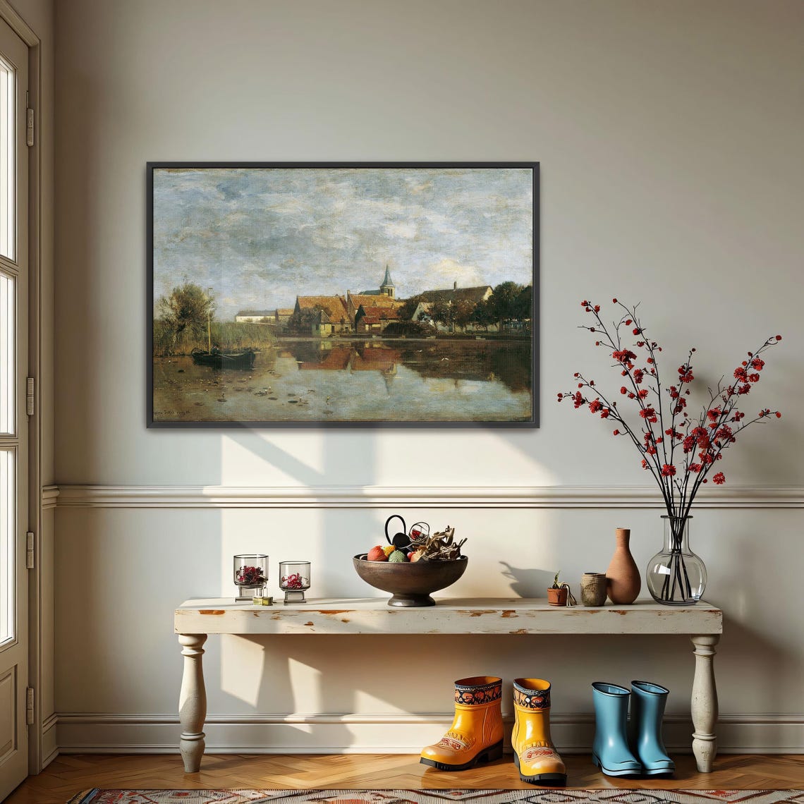 Framed Wall Art Of A Village By A Lake With A Boat Landscape Fine Art Print Green And Blue Living Room Artwork Rustic Oil Painting - Image 4