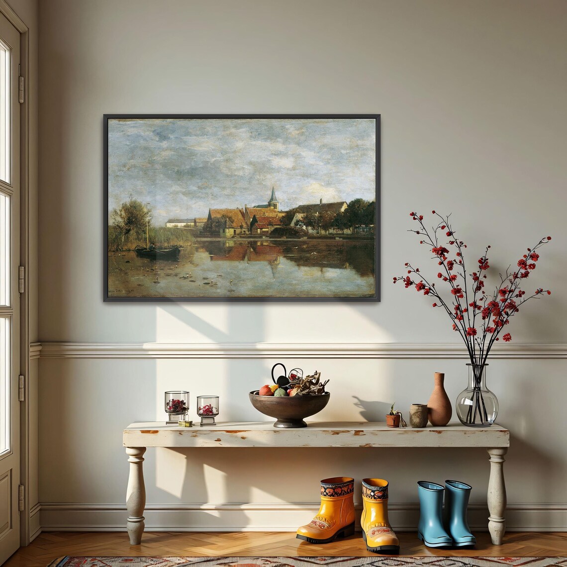 Peaceful Village by the Lake with a Boat and Church Landscape Poster - Image 4