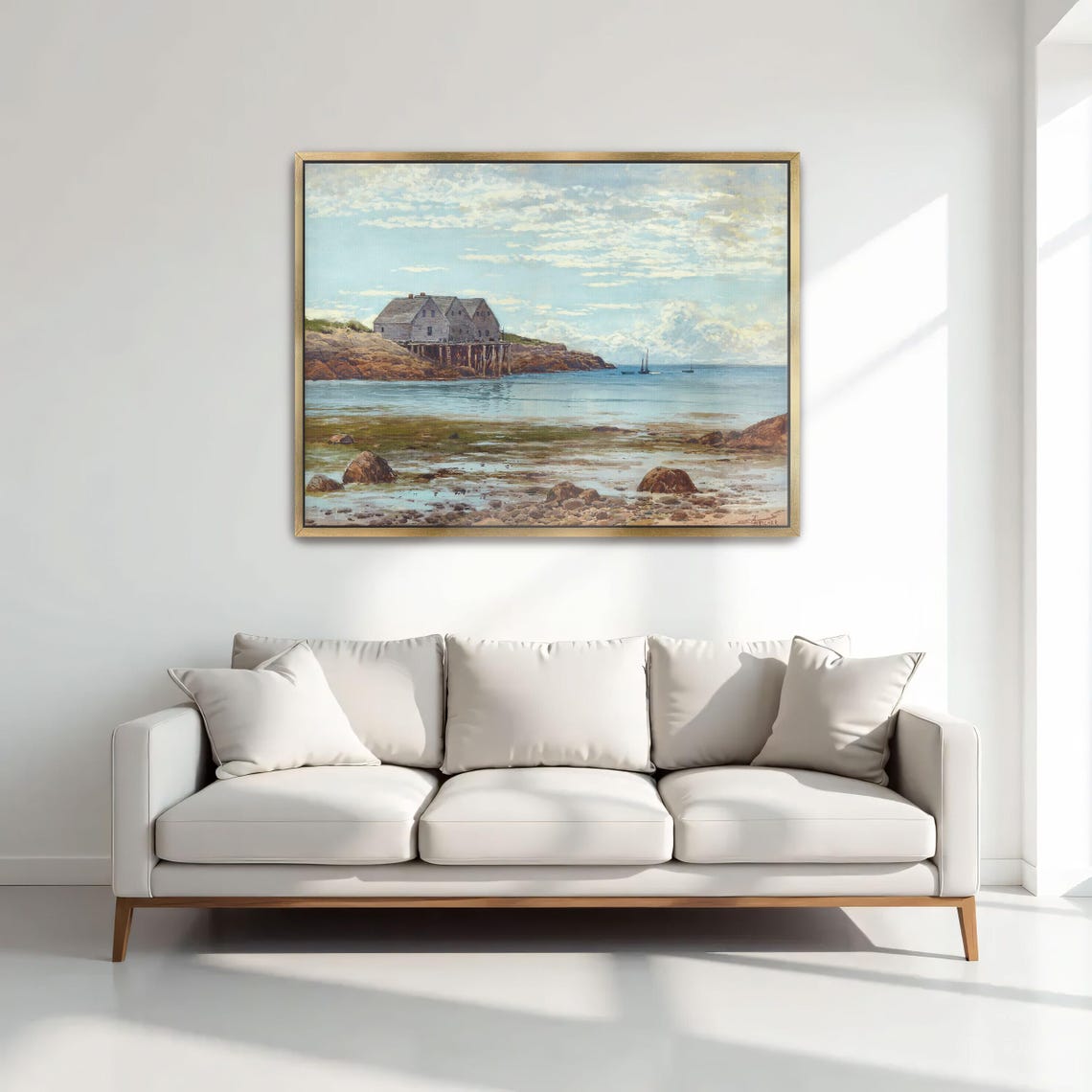Coastal Houses on Stilts With Sailboats Vintage Seascape Poster