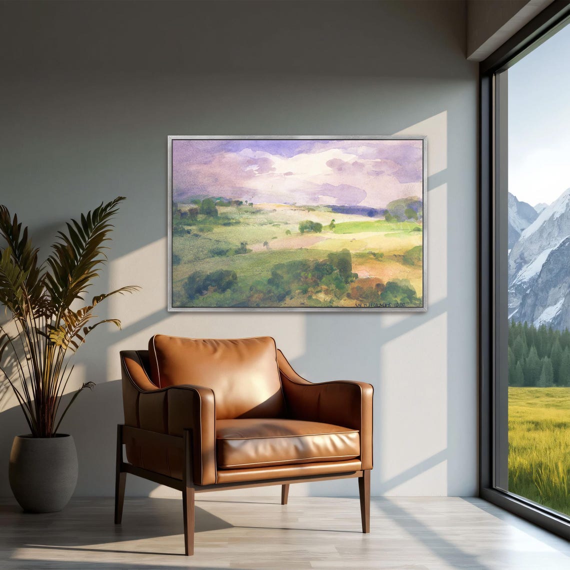 Framed Print Of Rolling Hills Under A Cloudy Sky Landscape Wall Art Green And Purple Living Room Artwork Contemporary Art - Image 3