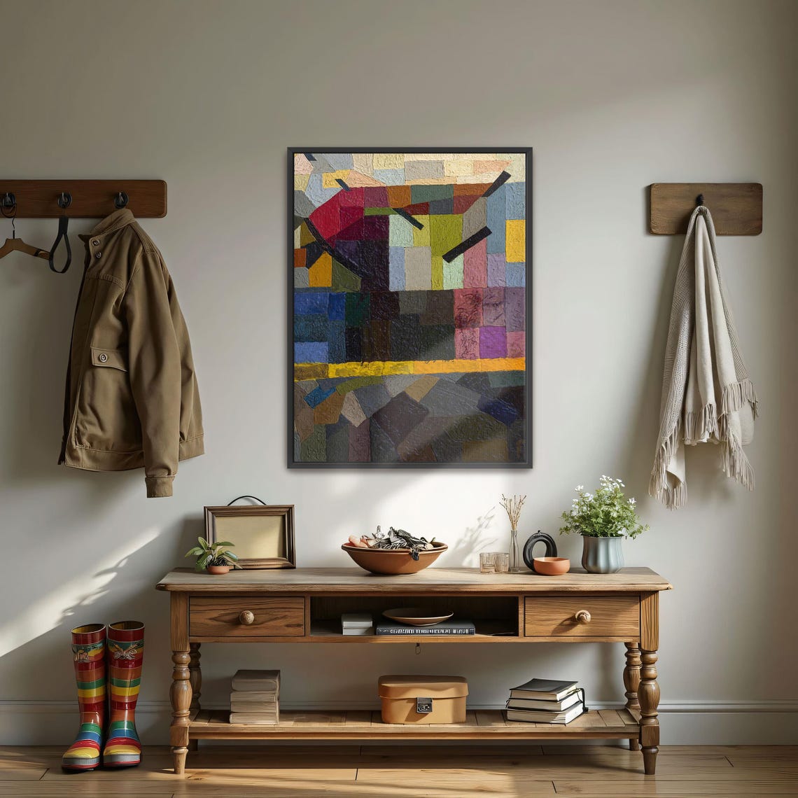 Large Framed Print Of Abstract Geometric Painting With Blocks Geometric Print Green And Blue Entryway Art - Image 3