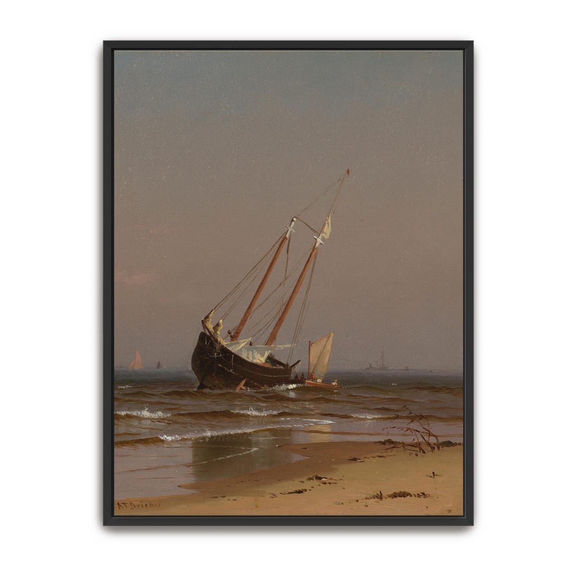 Shipwrecked Schooner on a Sandy Shore Vintage Coastal Art Print