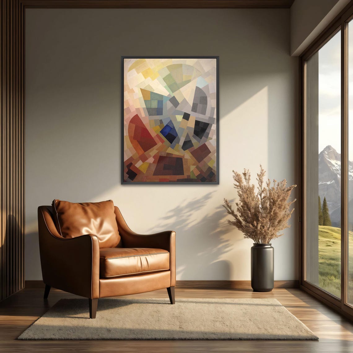 Geometric Abstract Painting in Red Blue and Beige Tones Poster