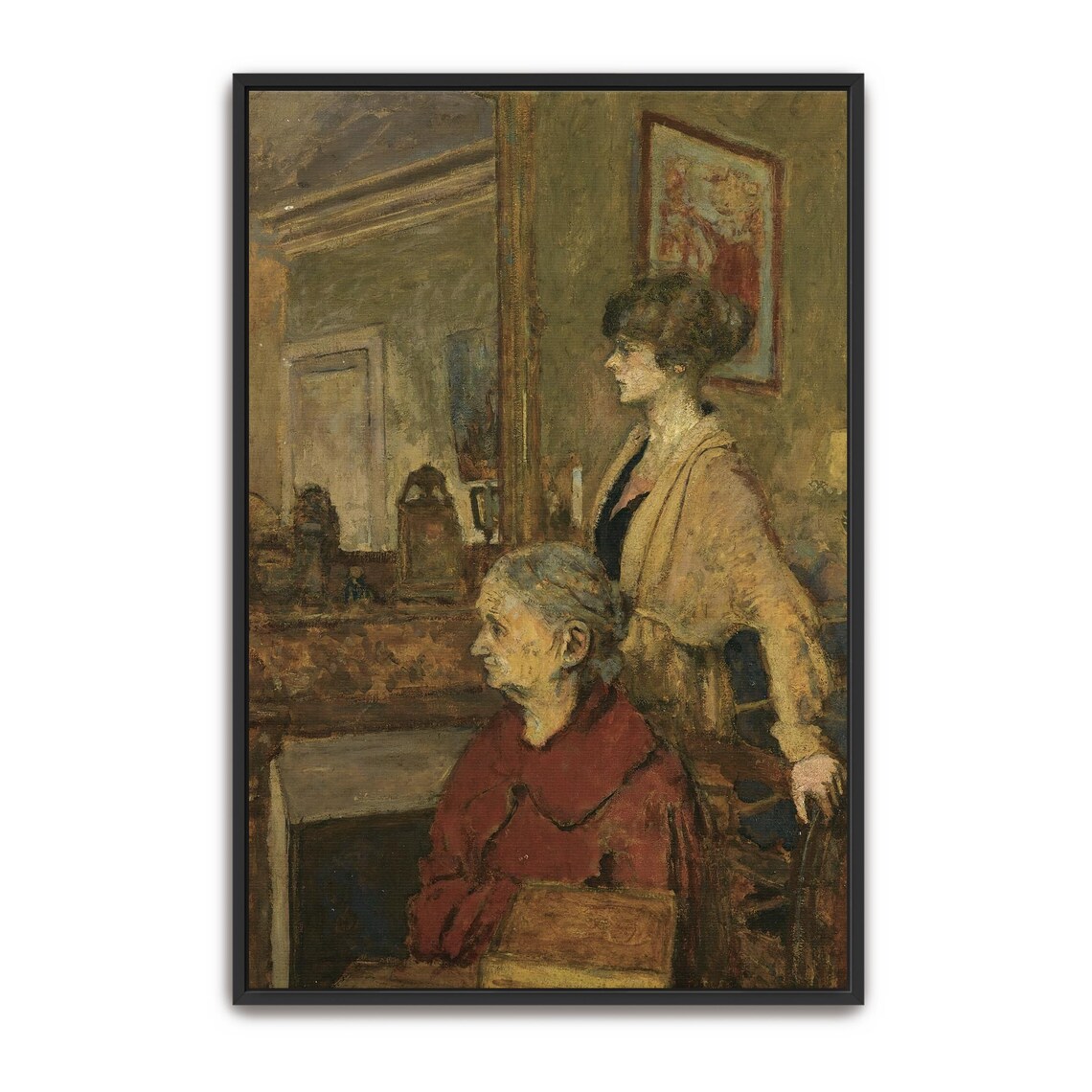 Two Women Conversing In A Warm Fireplace Interior Vintage Poster