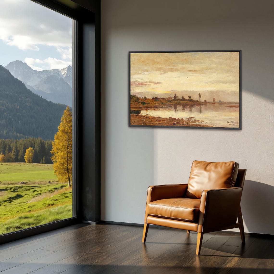 Framed Wall Art Of Sunset Over A Dutch Canal With Windmill Landscape Print Beige And Brown Bedroom Art Print Minimalist Art - Image 4
