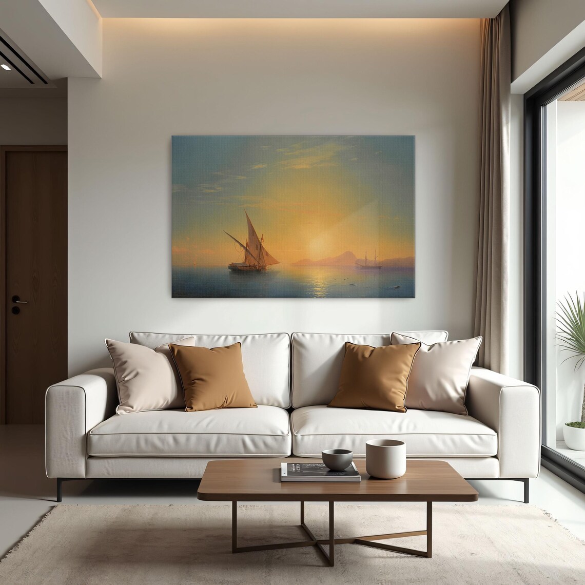 Sailboats on a Calm Sea at Sunset with a Golden Horizon Art Poster - Image 2