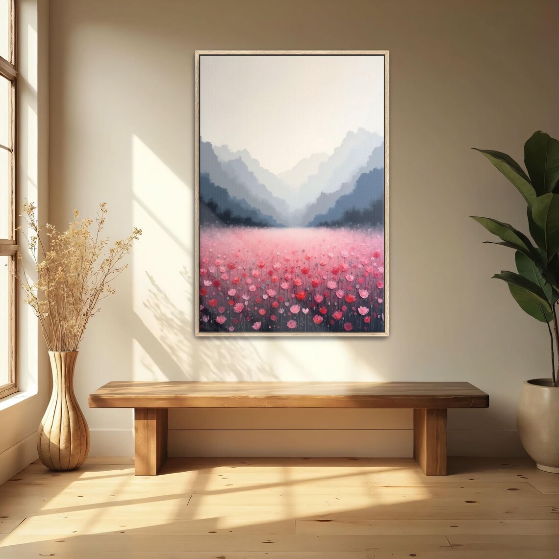 Pink Flower Field beneath Misty Blue Mountains Landscape Poster - Image 4