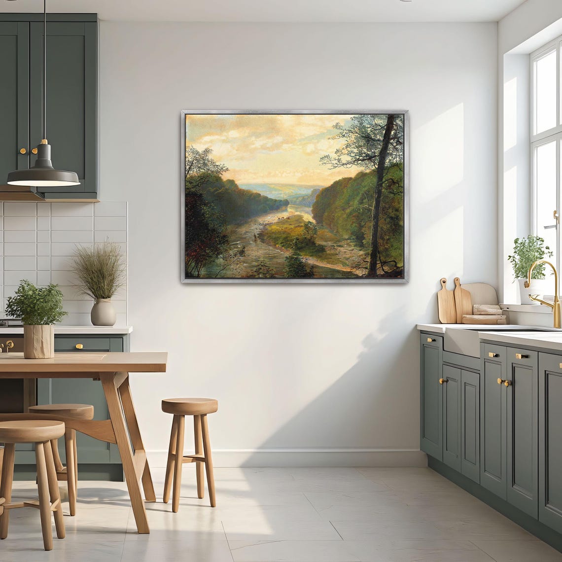 River Valley Landscape With Trees Golden Sky Oil Painting Poster - Image 2