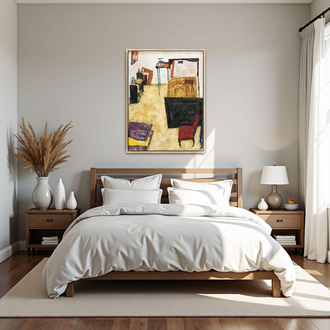 Framed Wall Art Of A Room With A Bed Chair And Table Geometric Print Brown And Beige Living Room Art Print Abstract Artwork - Image 4