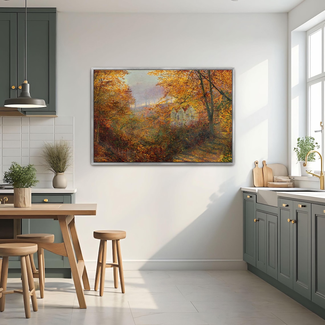 Golden Autumn Forest with Cottage Sunlit Woodland Landscape Poster