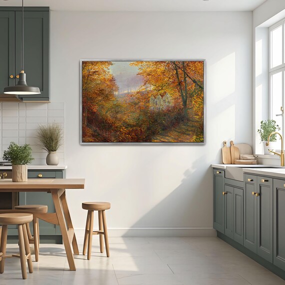 Framed Wall Art Of Autumnal Forest With House Landscape Print Brown And Green Bedroom Artwork Victorian Oil Painting