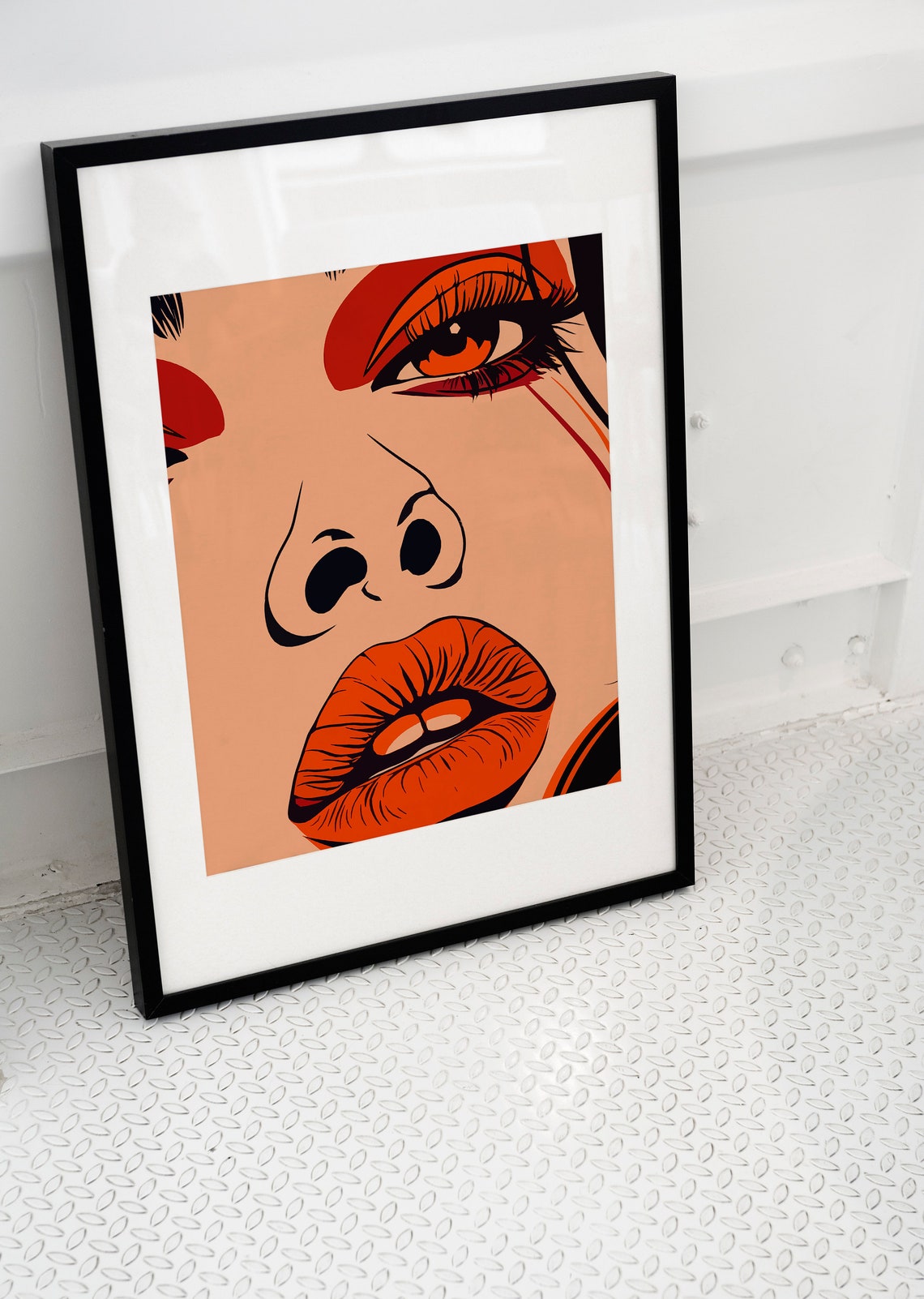 Bold Orange Pop Art Womans Face Colorful Lips Retro Style Wall Art