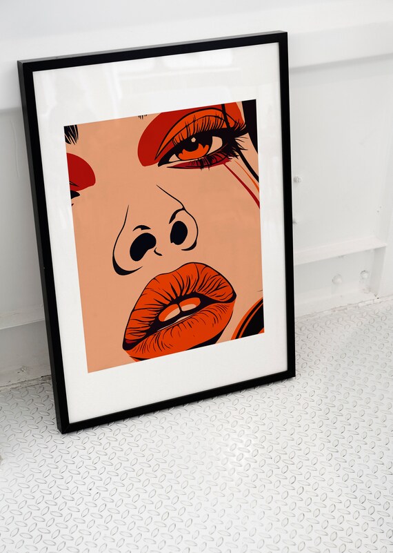 Bold Orange Pop Art Womans Face Colorful Lips Retro Style Wall Art