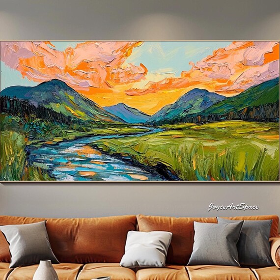 Mountains Oil Painting On Green Wall Art Abstract Landscape Art Large Colorful Wall Decor Bed Room Wall Art Impasto Texture Artwork