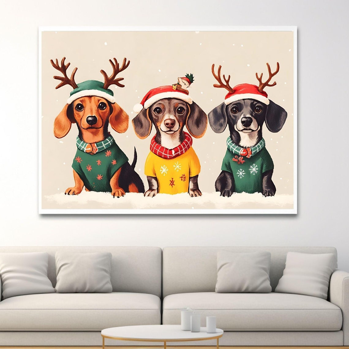 Three Dachshund Puppies in Reindeer Antlers Holiday Sweaters Poster