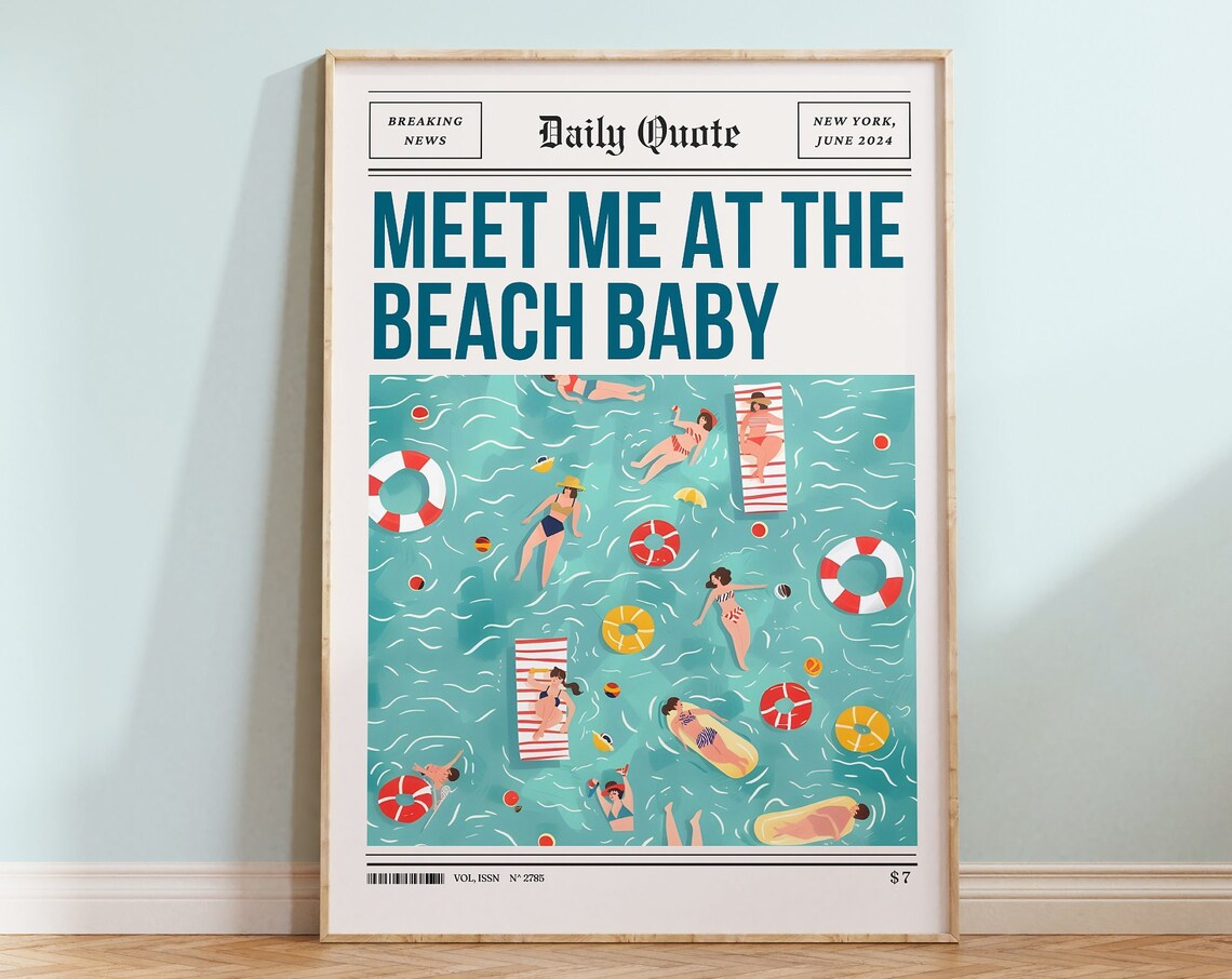 Meet Me At The Beach Baby Pool Party Newspaper Quote Summer Wall Poster - Image 3