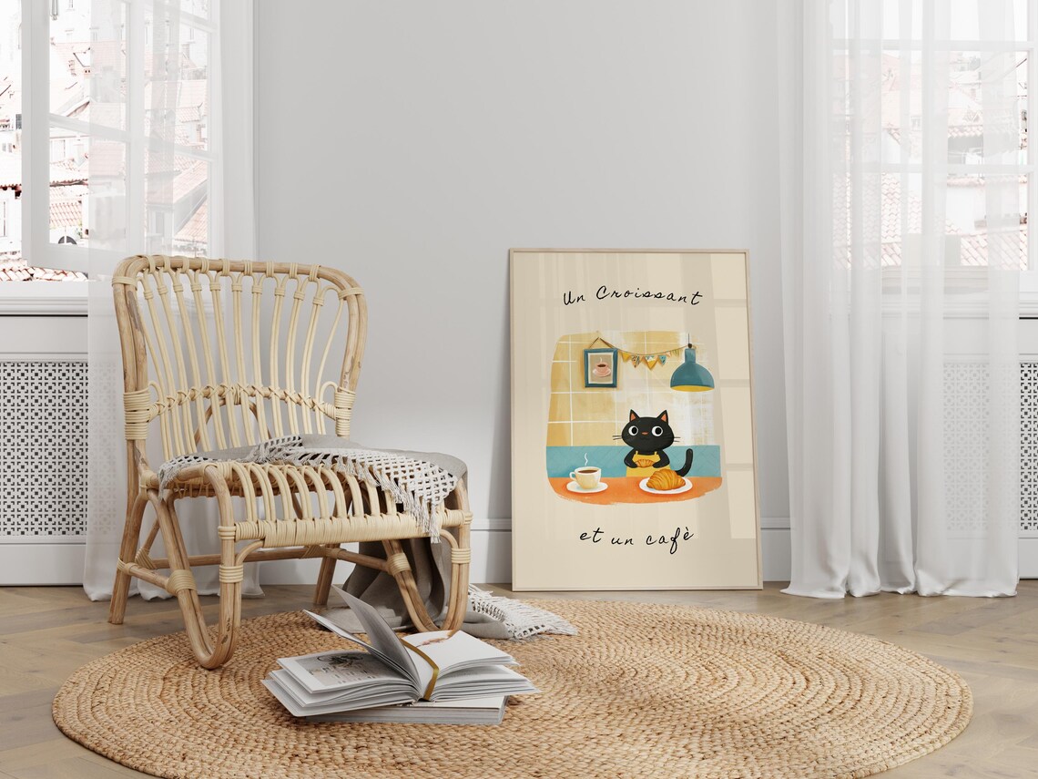 Un Croissant Et Un Caf Charming Cat Poster, Kitchen Decor - Image 4