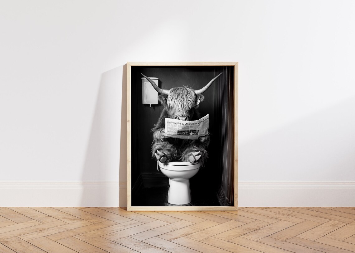 Highland Cow Sitting On The Toilet, Funny Bathroom Wall Art - Image 6