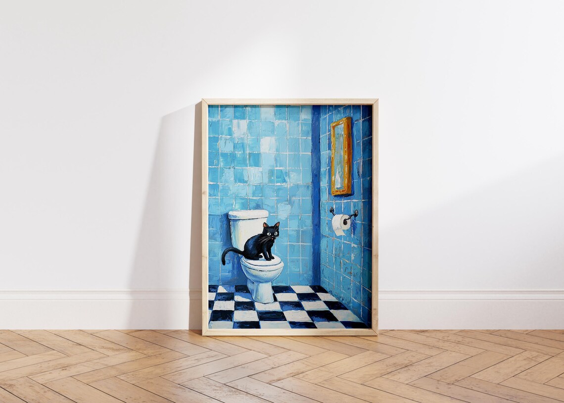 Funny Bathroom Wall Decor, Whimsical Cat Art - Image 3