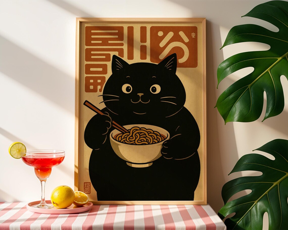Chubby Cat Ramen, Japanese Retro Style Art Print - Image 5