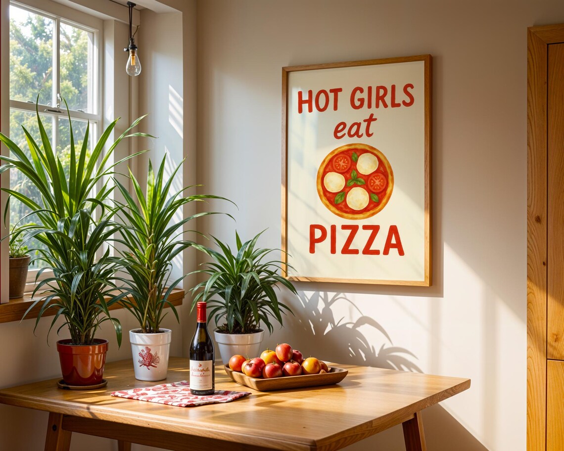 Hot Girls Eat Pizza, Watercolor Kitchen Quote - Image 2