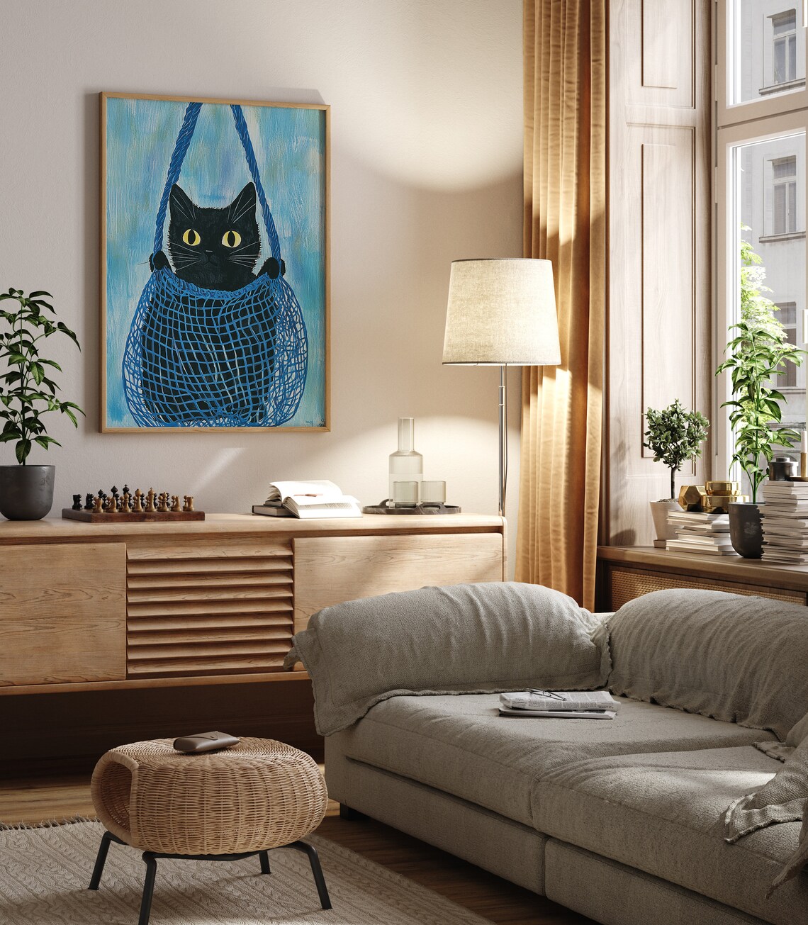 Cat In A Net Bag, Vintage Black Cat Art Print - Image 3