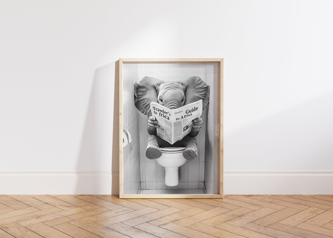 Elephant Sitting on the Toilet Reading a Newspaper, Funny Poster - Image 4