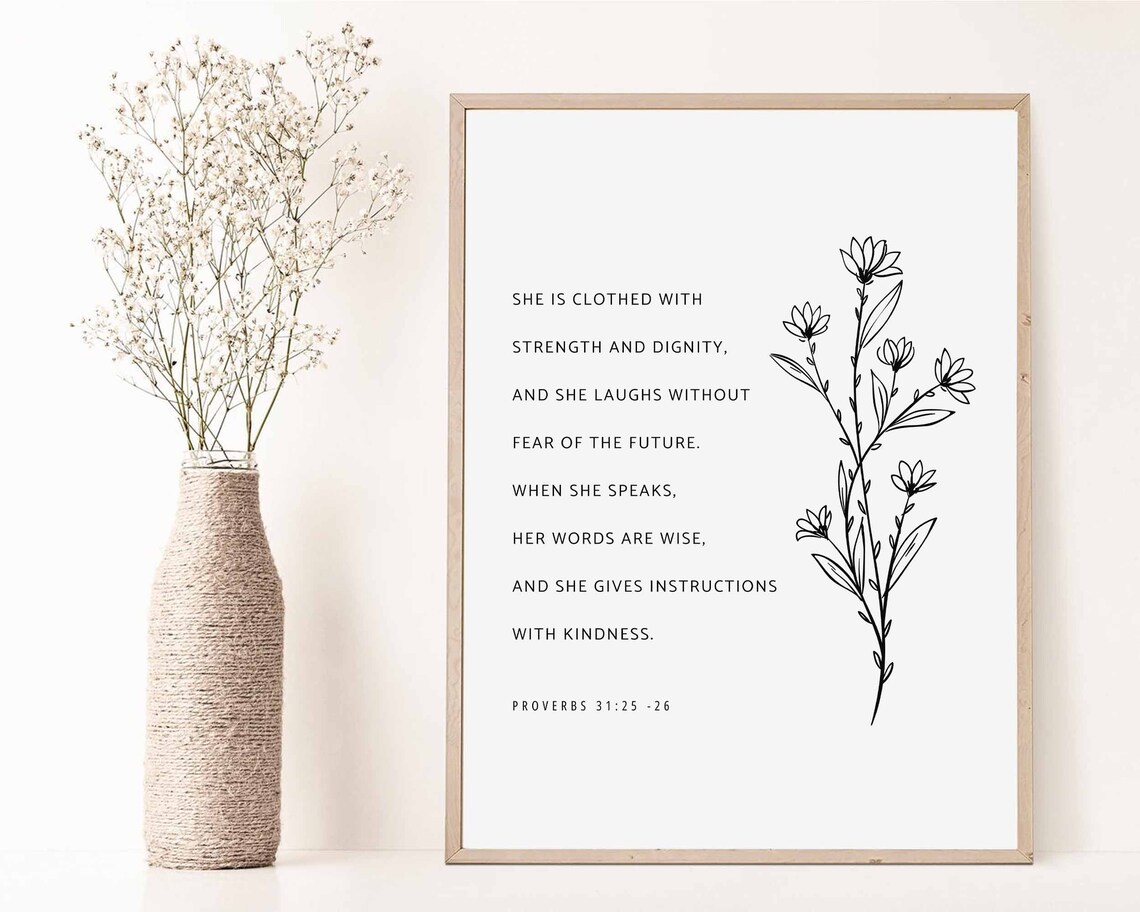Proverbs 31:25-26 Strength and Dignity Floral Line Art Poster - Image 2