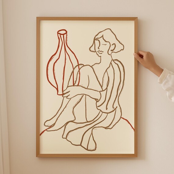 Boho Seated Female Figure Line Drawing Terracotta Vase Art Poster