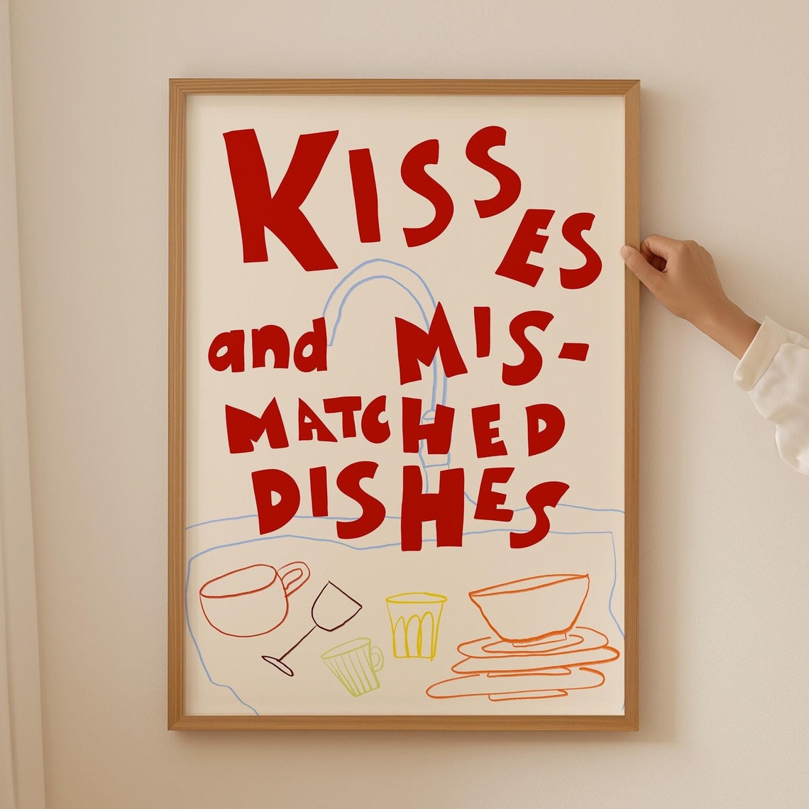 Kisses And Mismatched Dishes Playful Red Kitchen Typography Poster