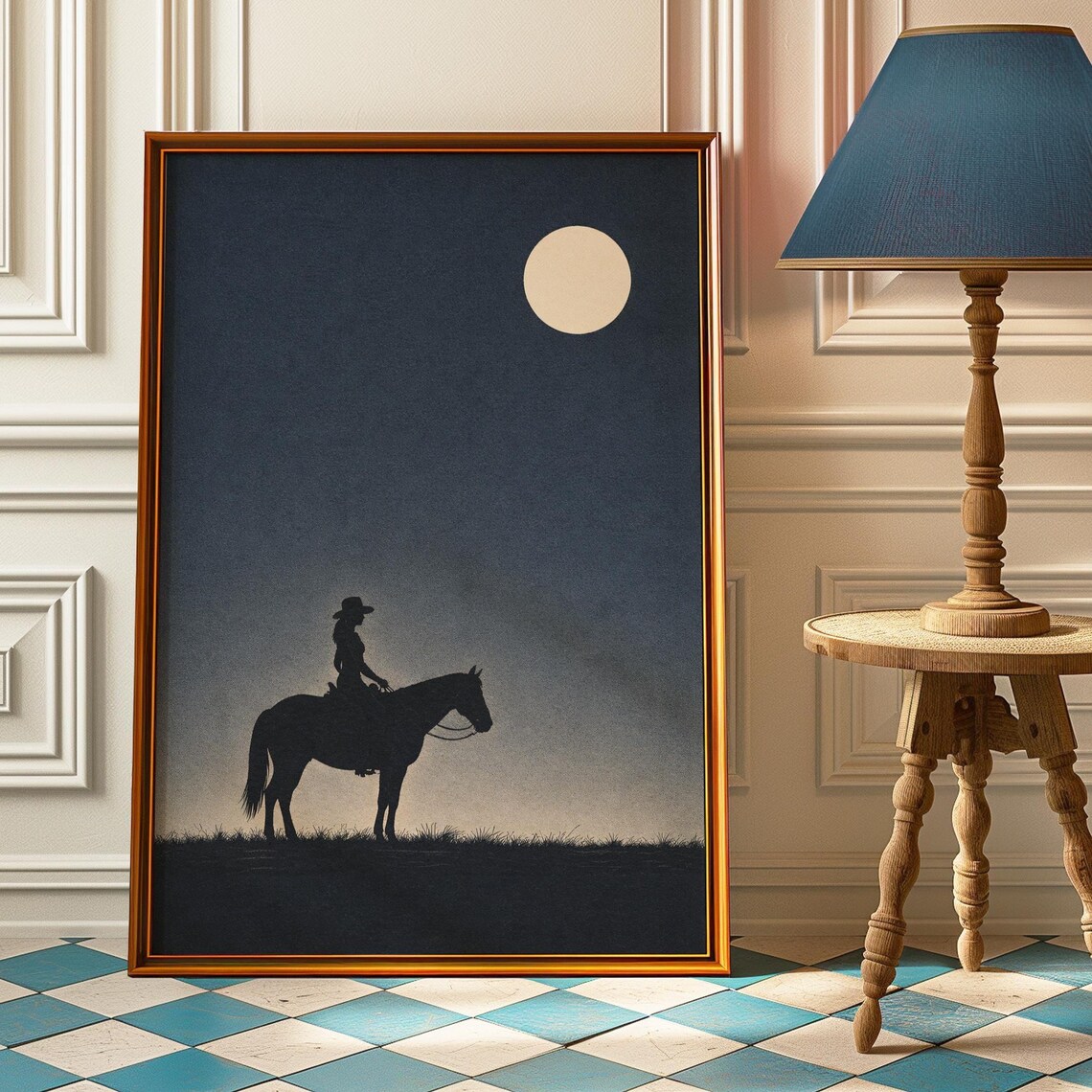 Midnight Cowgirl Horse Moon Silhouette Navy Blue Western Poster
