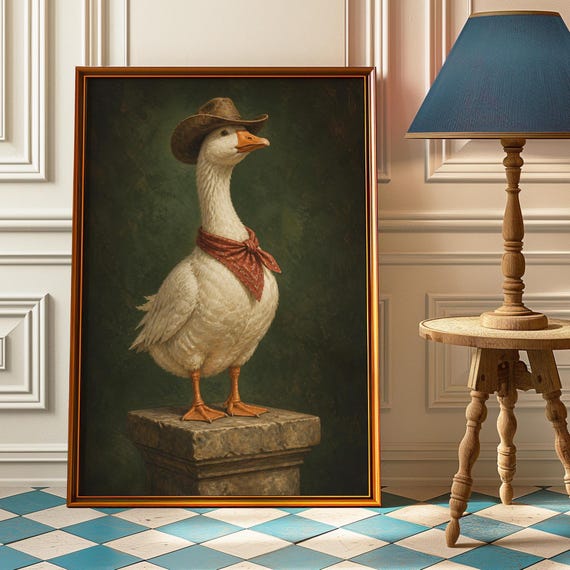Cowboy Goose Portrait Poster Western Duck Wall Art Vintage Bandana Print Whimsical Painting Country Nursery Decor Silly Gift