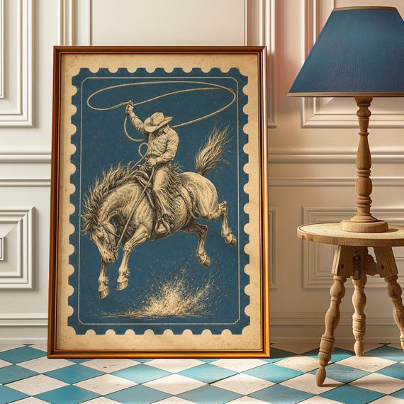 Blue Cowboy Stamp Wall Art Vintage Rodeo Poster Western Nursery Print Boys Room Decor Bedroom